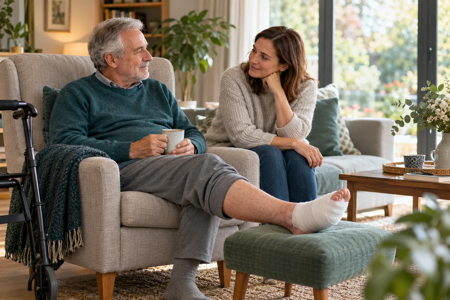 An older man resting with a dressed foot elevated, sharing a quiet moment with a family caregiver